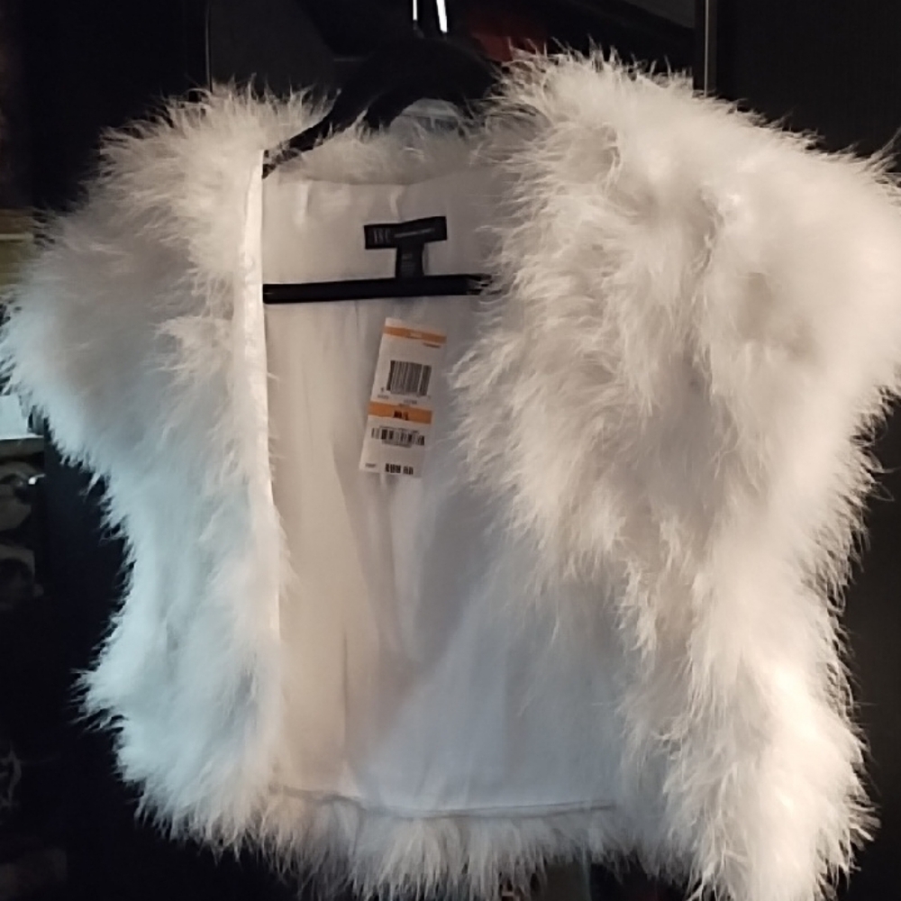INC International Concepts Ivory Faux Feather Vest